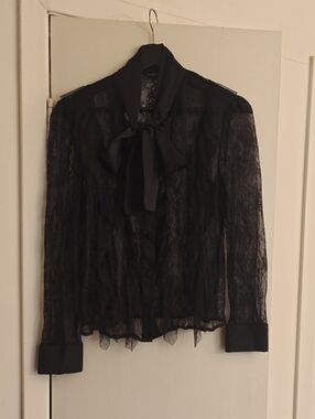 Zara Sheer Lace Bow-Tie Blouse - Black